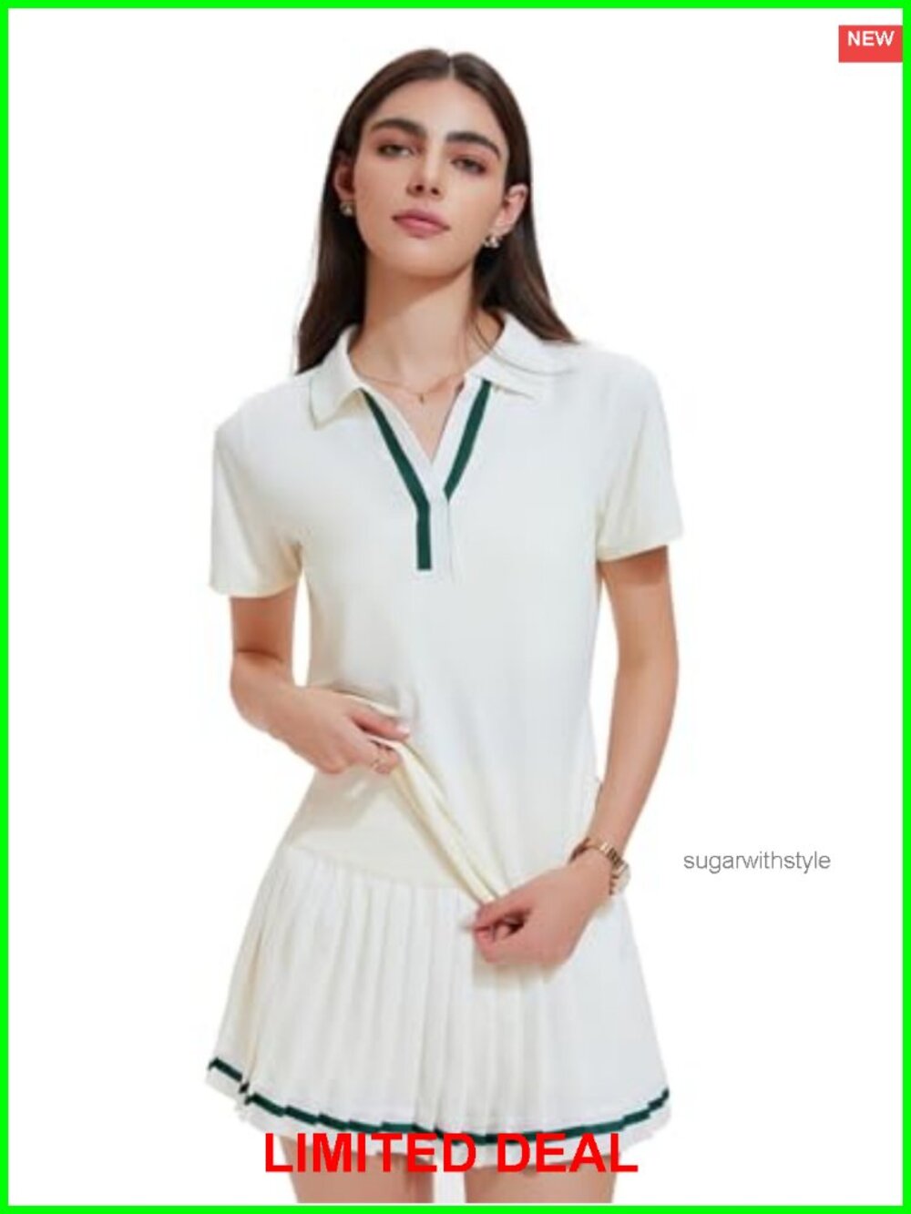 2 Piece Tennis Skirt Set Pleated Skort Golf Outfit V-Neck Polo Pickleball